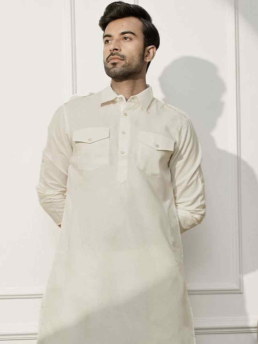 Cream Dhupion Art Silk Plain Party Wedding Kurta