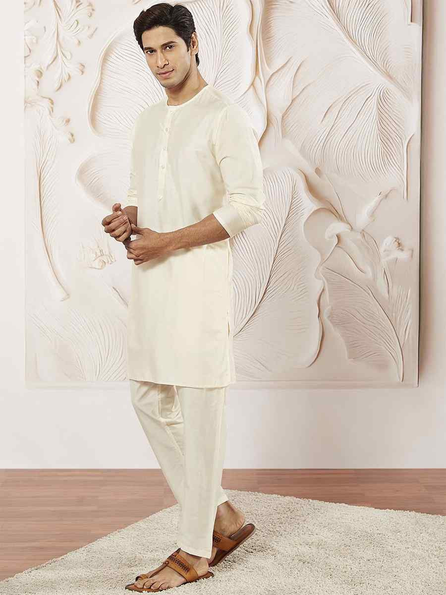 Cream Dhupion Art Silk Plain Party Wedding Kurta