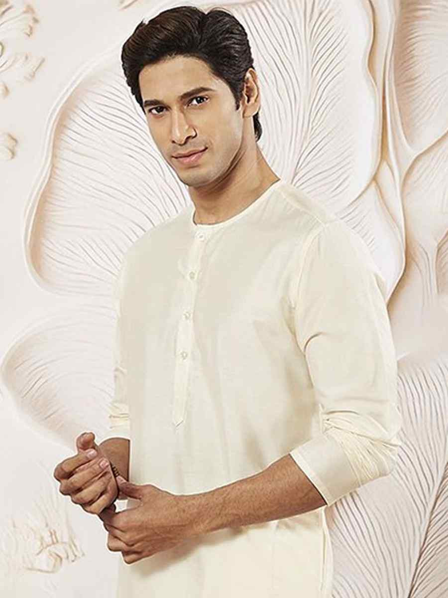 Cream Dhupion Art Silk Plain Party Wedding Kurta