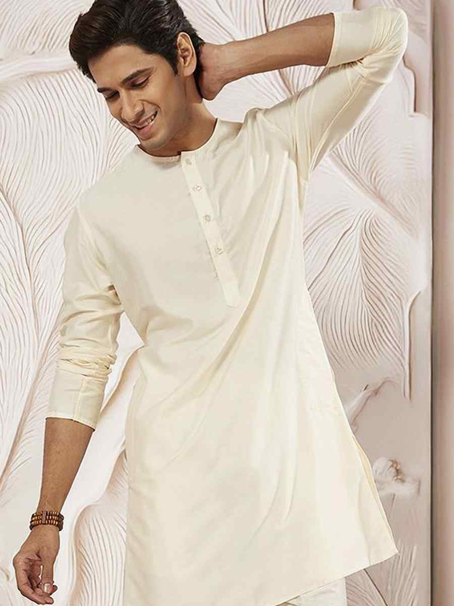 Cream Dhupion Art Silk Plain Party Wedding Kurta