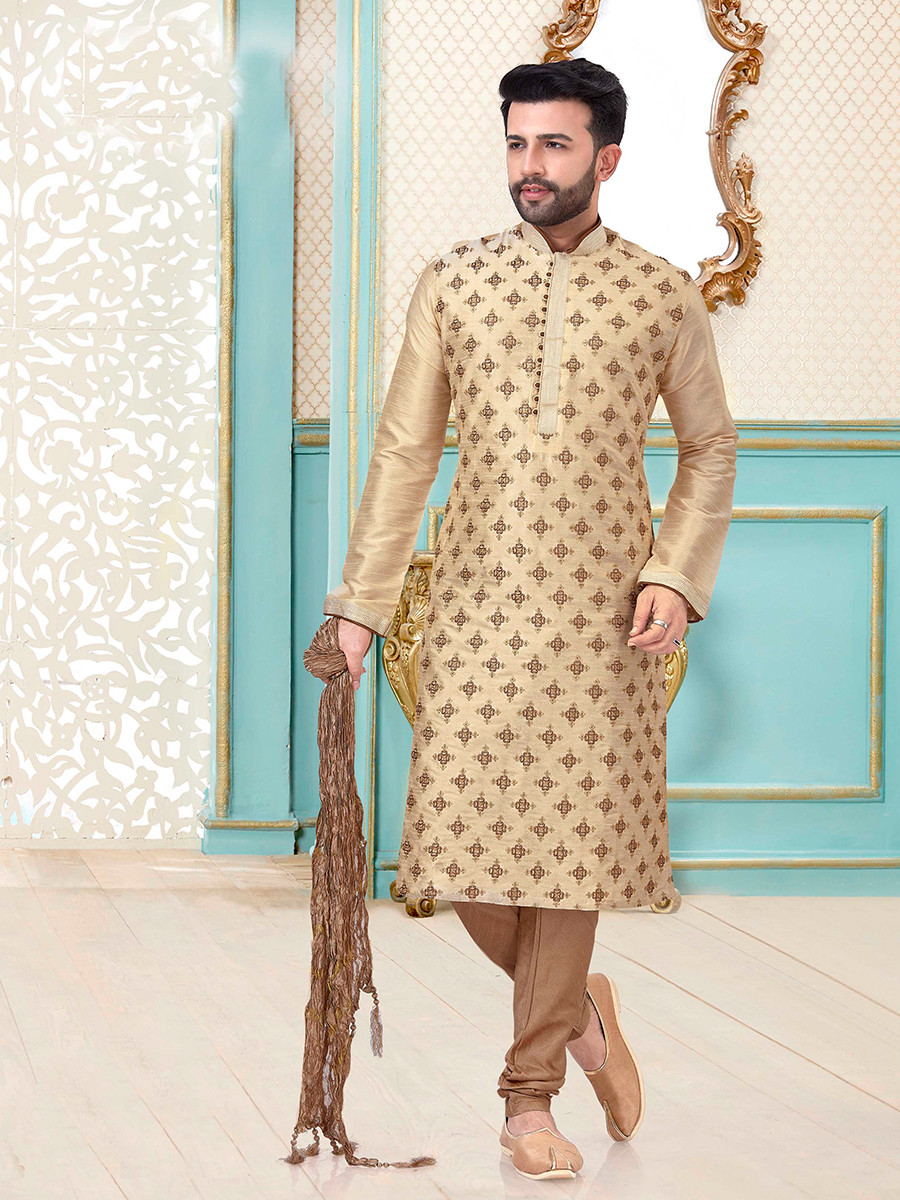 Cream Dhupion Silk Embroidery Wedding Party Festival Ready Mens Kurta