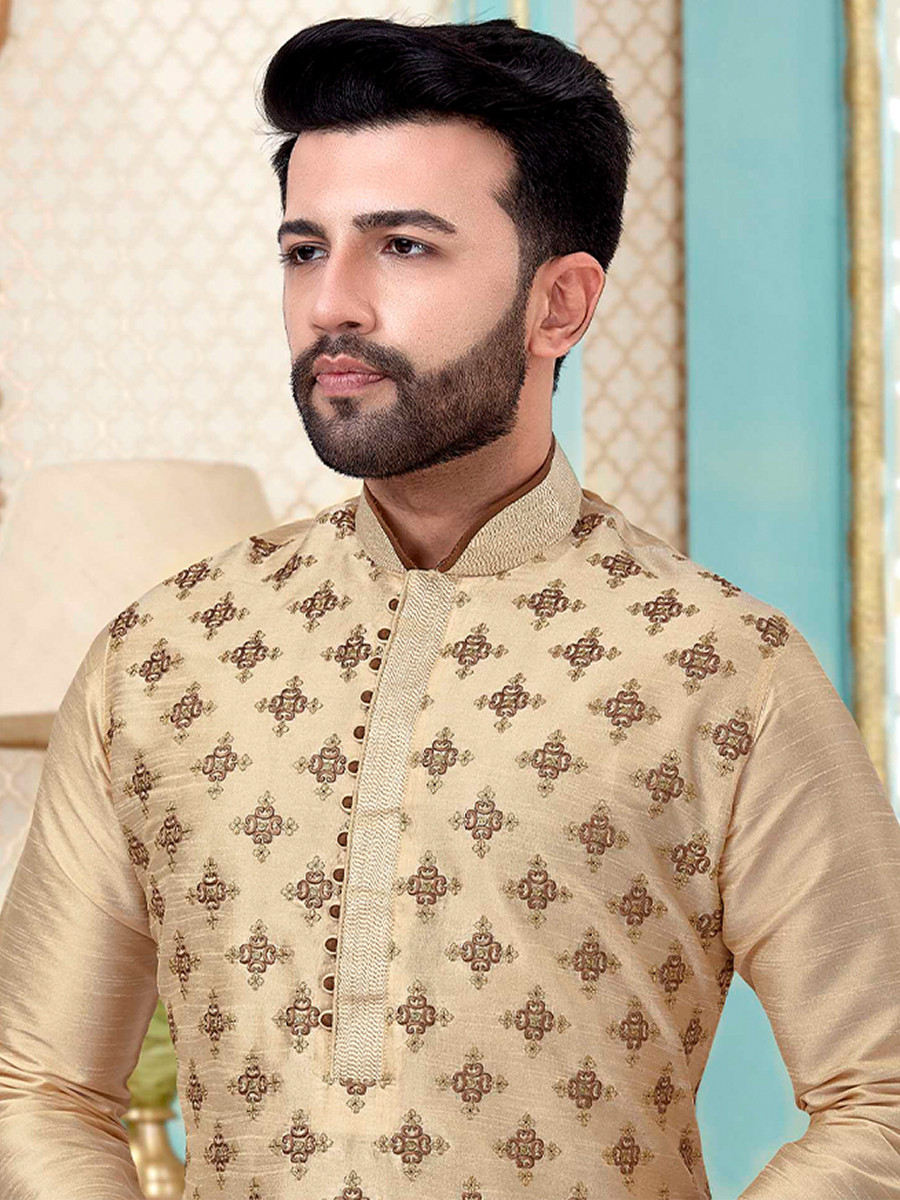 Cream Dhupion Silk Embroidery Wedding Party Festival Ready Mens Kurta