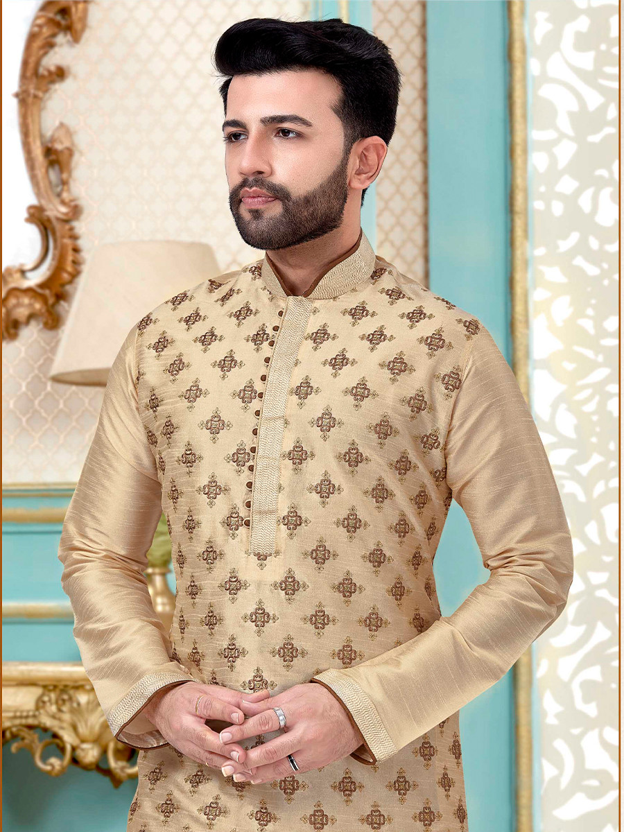 Cream Dhupion Silk Embroidery Wedding Party Festival Ready Mens Kurta
