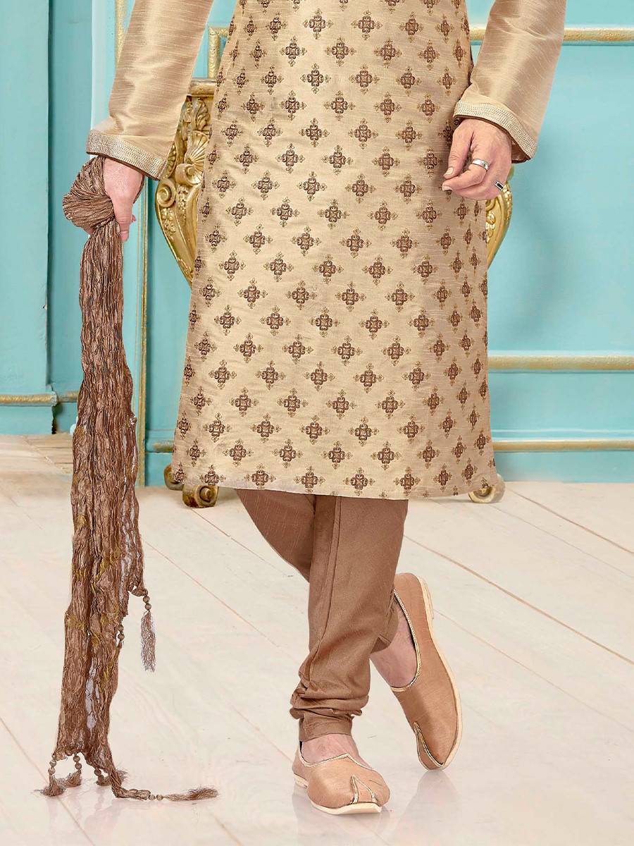 Cream Dhupion Silk Embroidery Wedding Party Festival Ready Mens Kurta