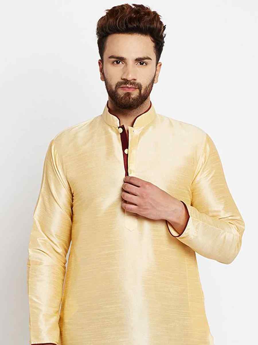 Cream Dhupion Silk Plain Festival Kurta