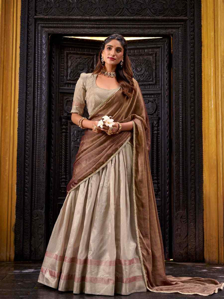 Image of Cream Dhupion Silk Zari Wedding Reception Festival Heavy Border Lehenga Choli