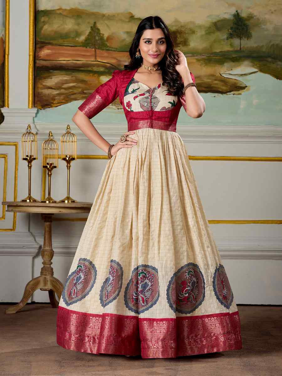 Cream Dola Silk Embroidered Festival Party Gown