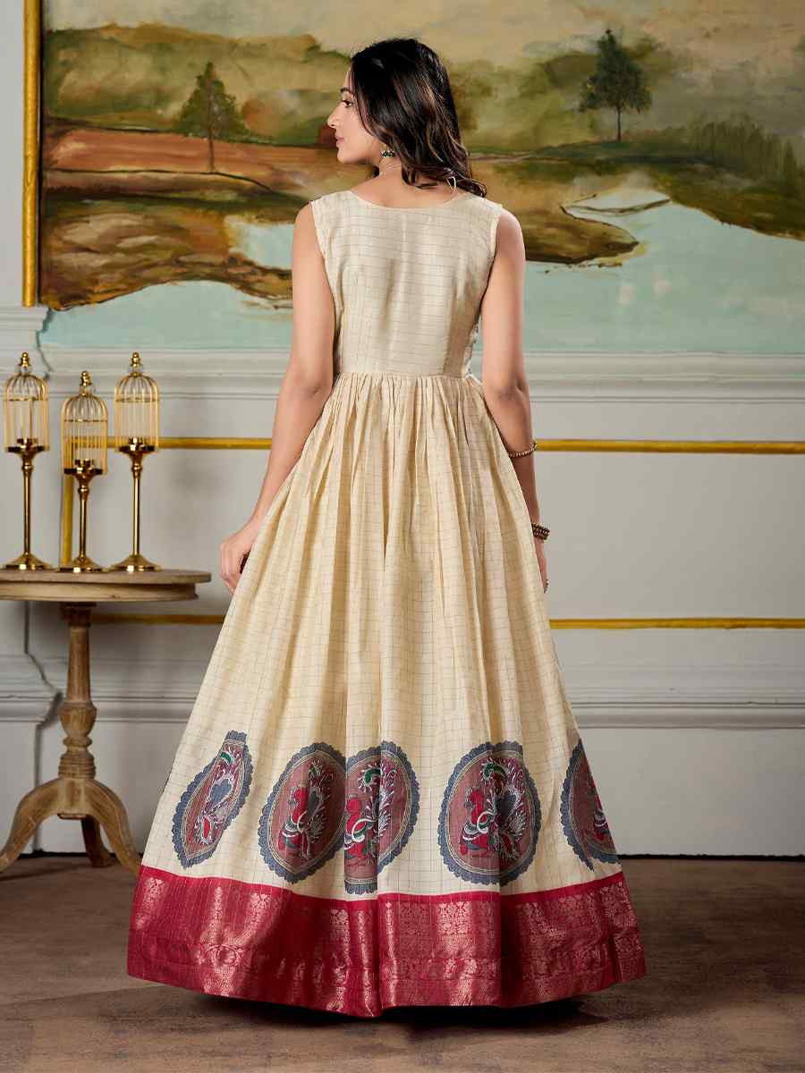 Cream Dola Silk Embroidered Festival Party Gown