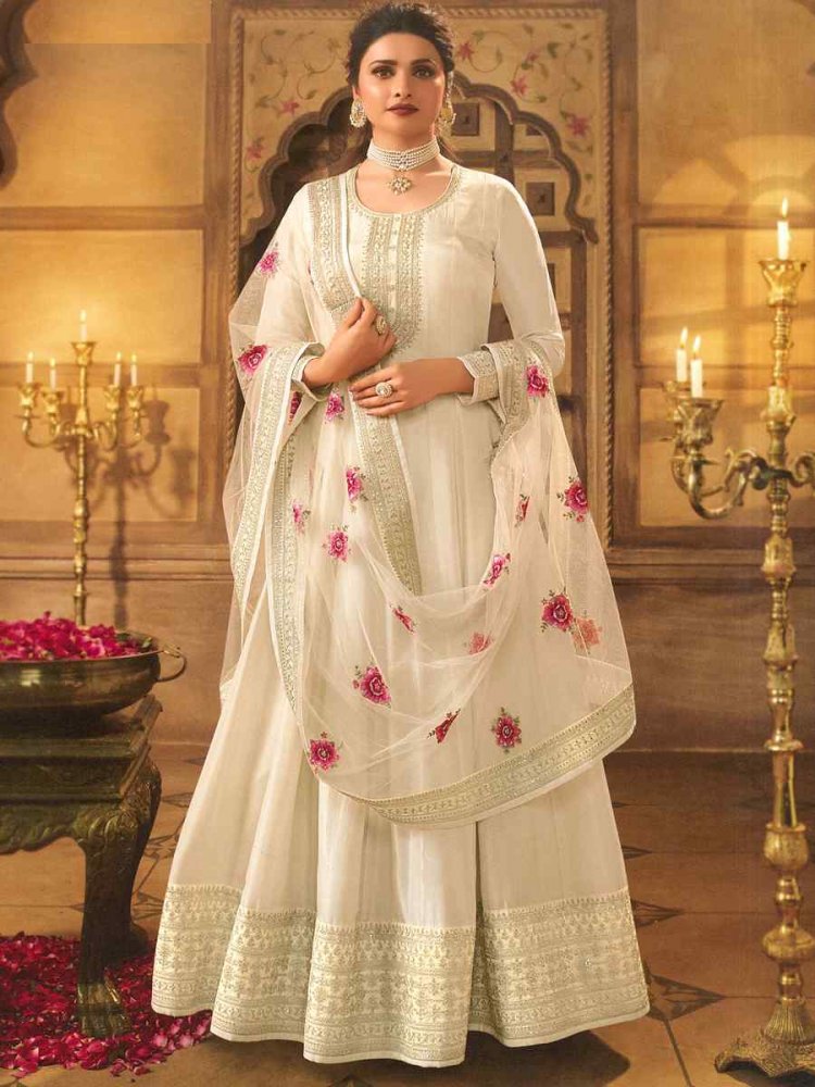 Cream Dola Silk Embroidered Festival Wedding Anarkali Bollywood Style Salwar Kameez