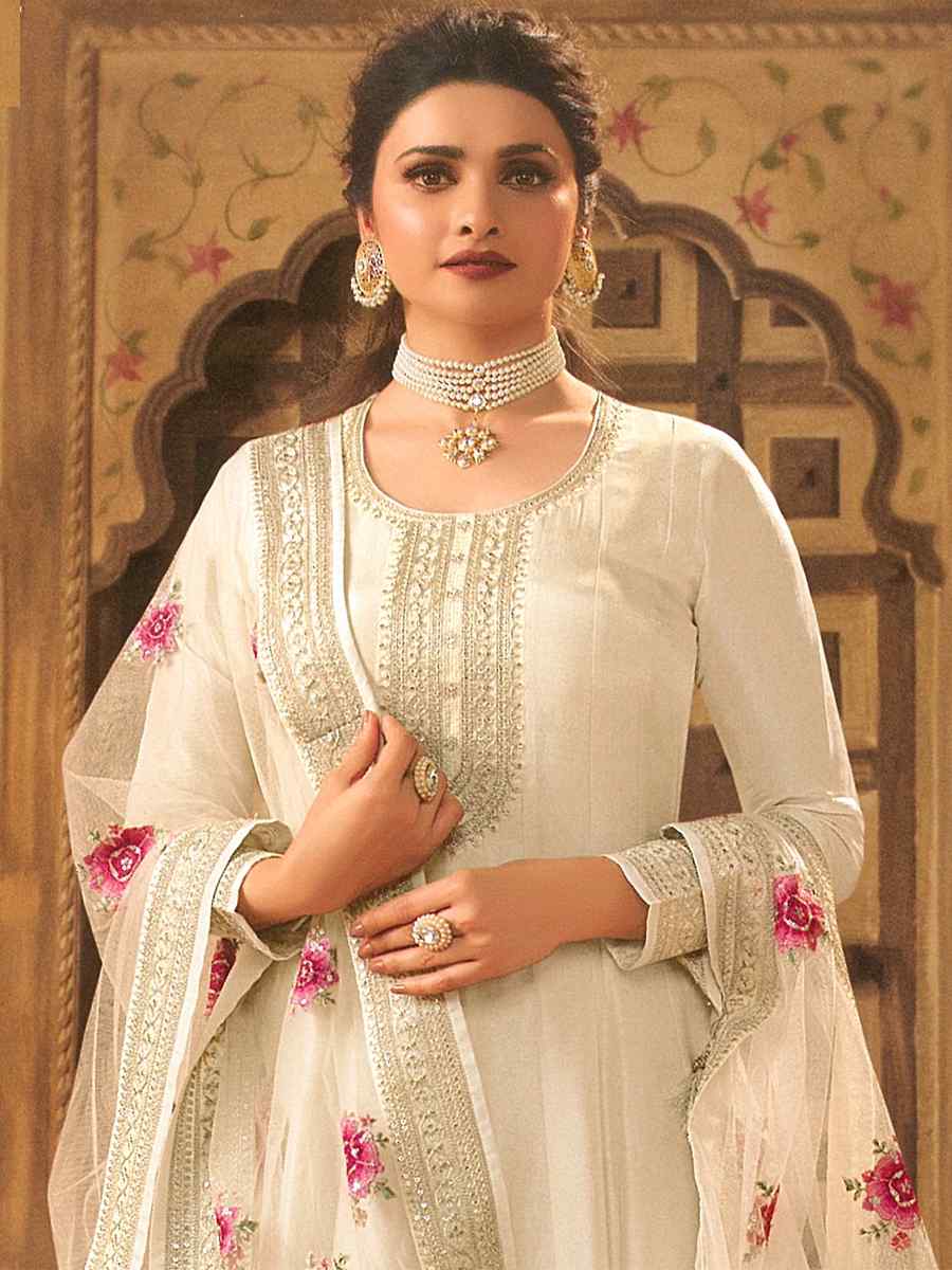 Cream Dola Silk Embroidered Festival Wedding Anarkali Bollywood Style Salwar Kameez