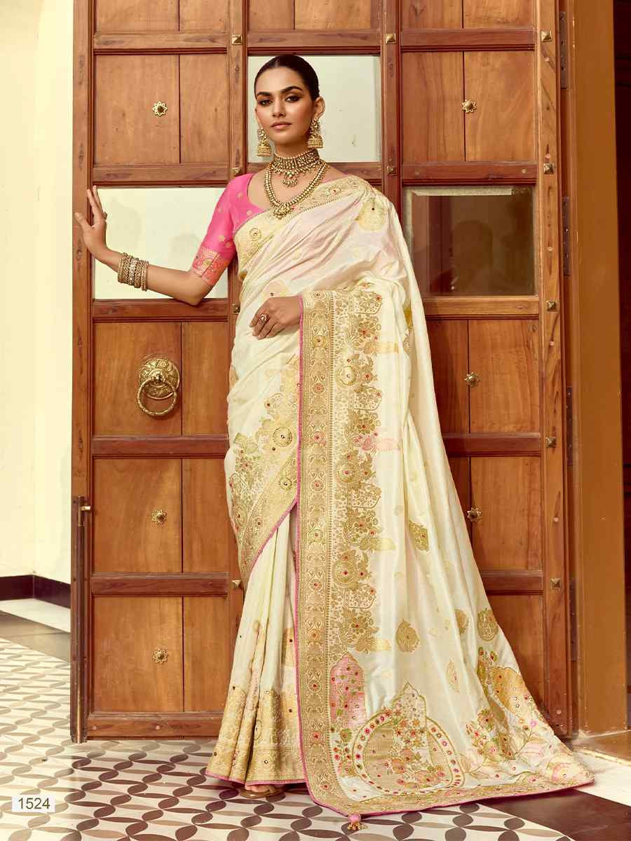 Cream Dola Silk Handwoven With Handwork Festival Wedding Fancy Heavy Border Saree
