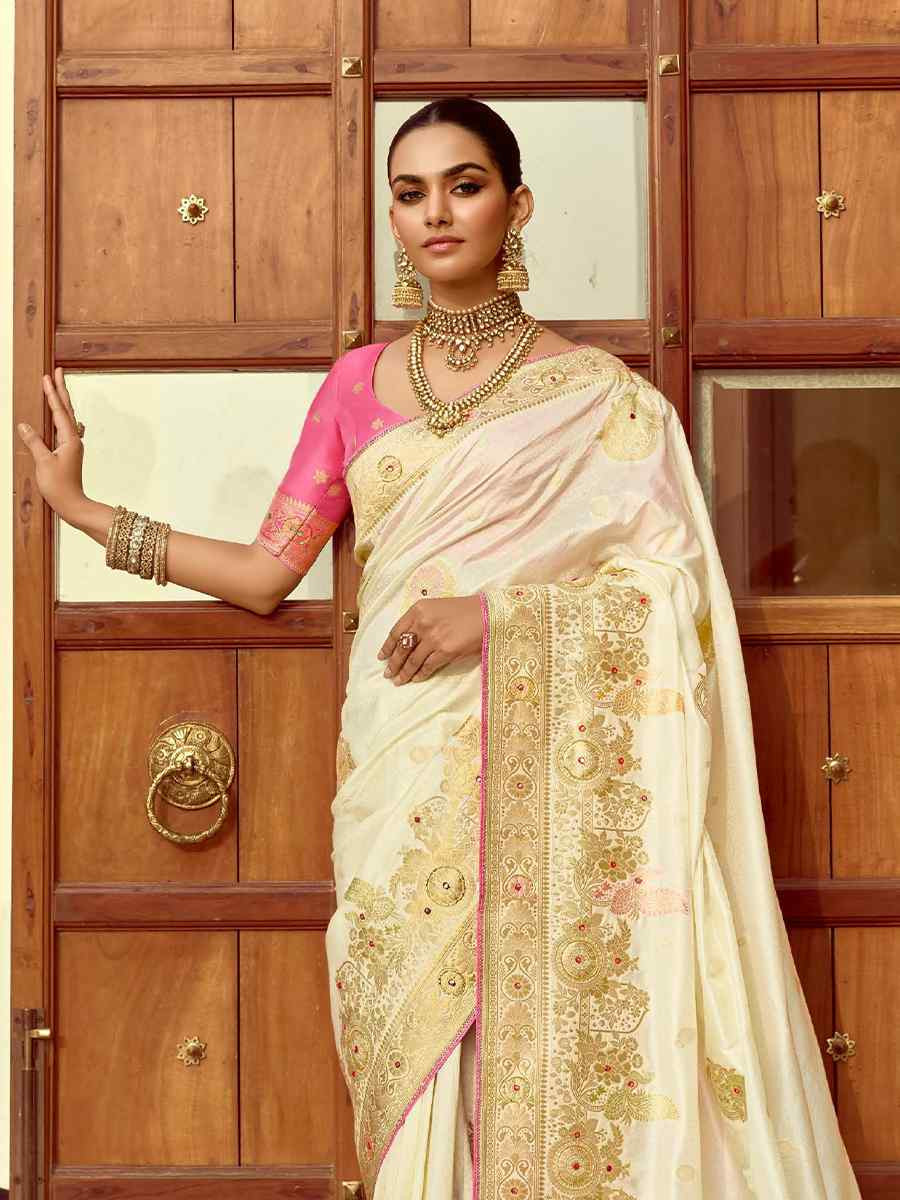 Cream Dola Silk Handwoven With Handwork Festival Wedding Fancy Heavy Border Saree
