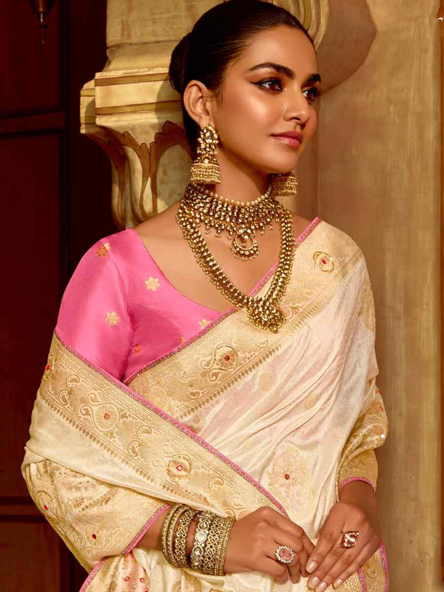 Cream Dola Silk Handwoven With Handwork Festival Wedding Fancy Heavy Border Saree