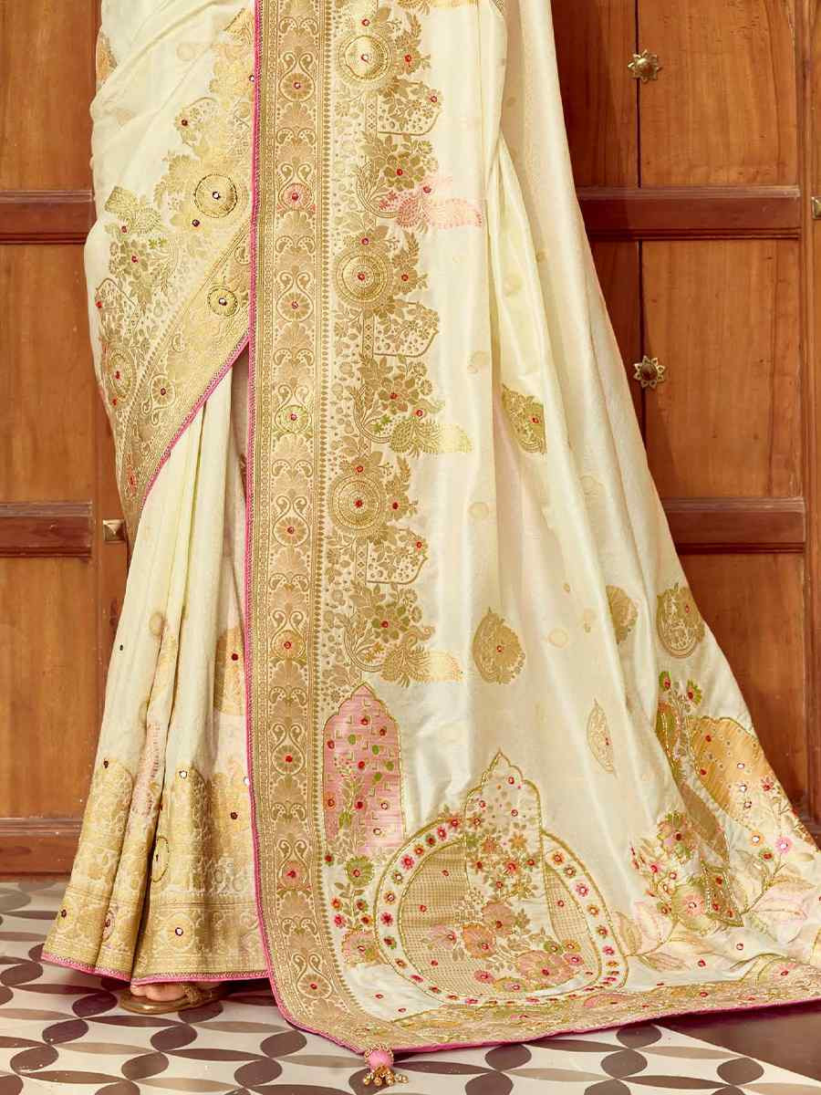 Cream Dola Silk Handwoven With Handwork Festival Wedding Fancy Heavy Border Saree