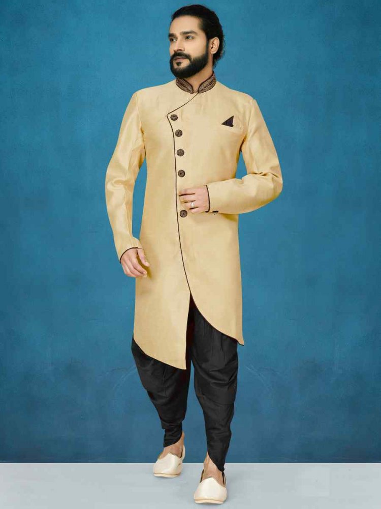 Cream Dupion Art Silk Cutwork Wedding Party Sherwani