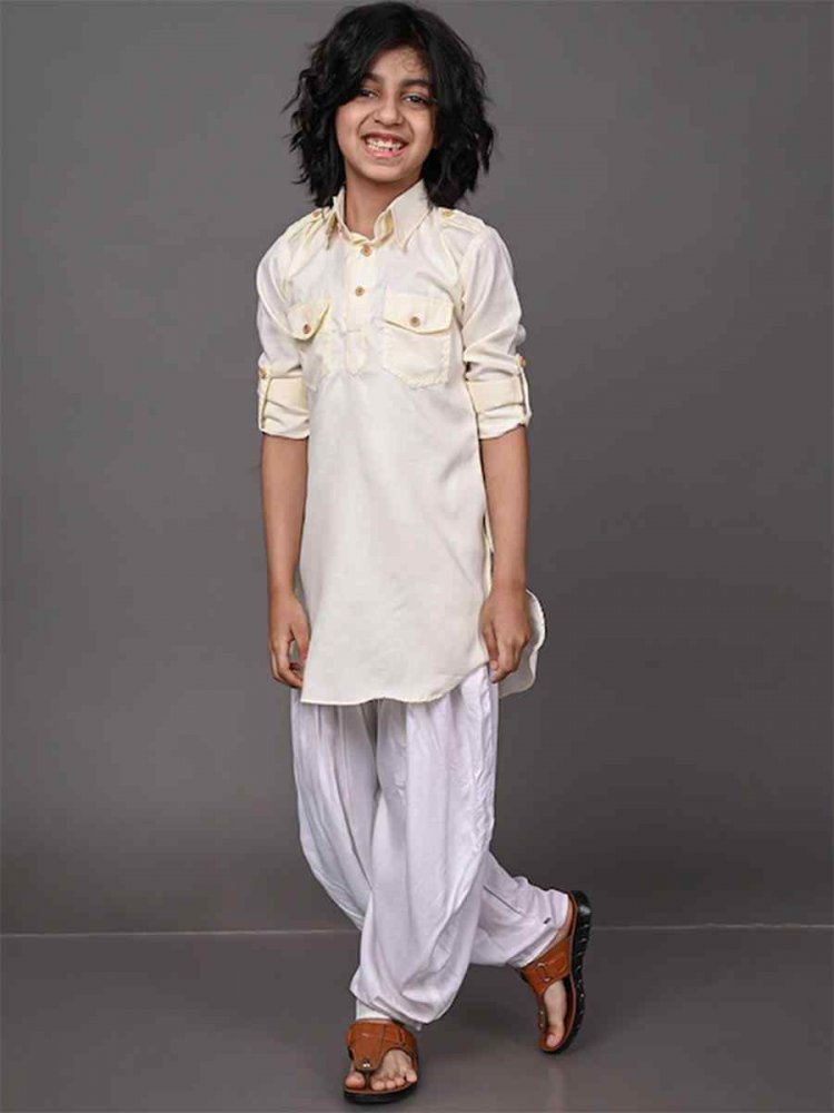 Cream Dupion Silk Brocade Festival Traditional Kurta Dhoti Boys Wear