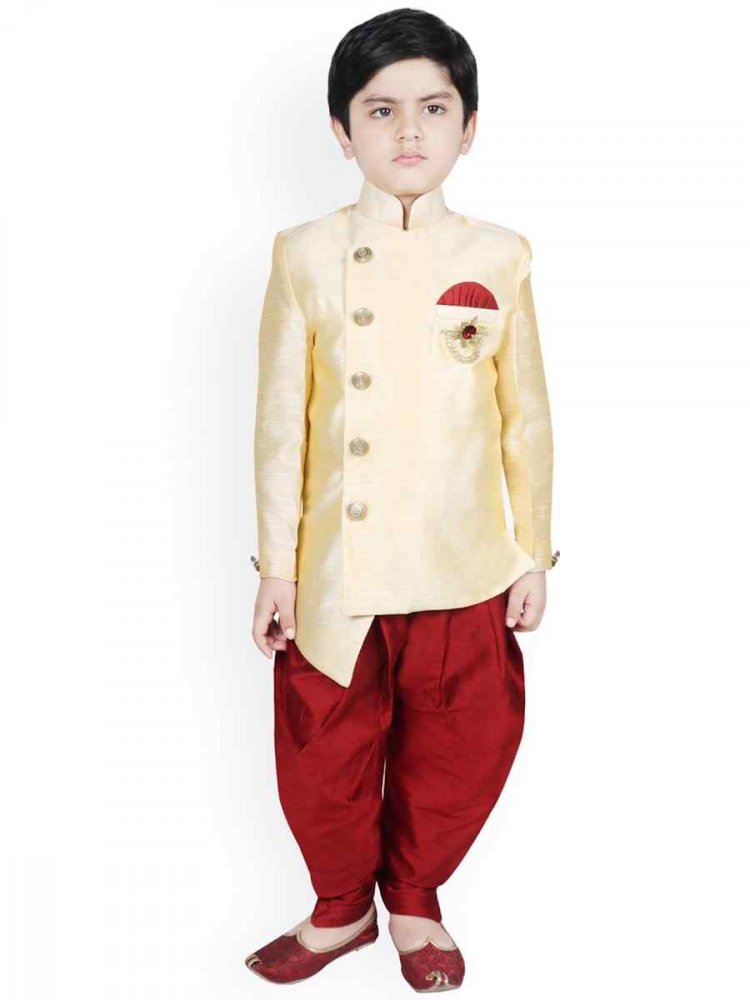 Cream Dupion Silk Brocade Festival Traditional Kurta Dhoti Boys Wear