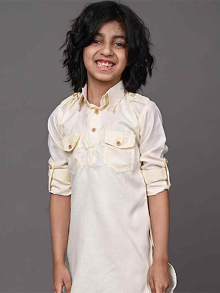 Cream Dupion Silk Brocade Festival Traditional Kurta Dhoti Boys Wear