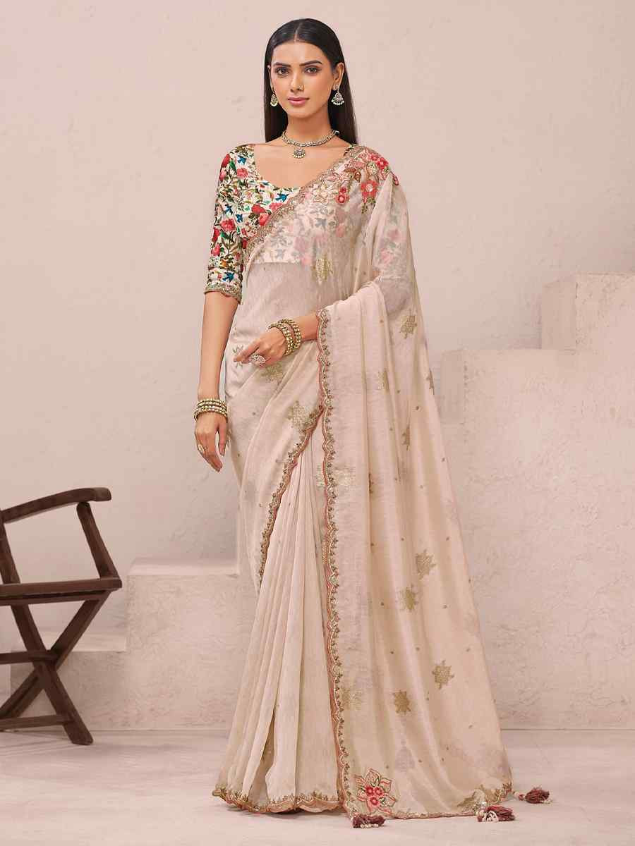 Cream Fancy Silk Plain Party Bridal Reception Festival Wedding Fancy Heavy Border Saree