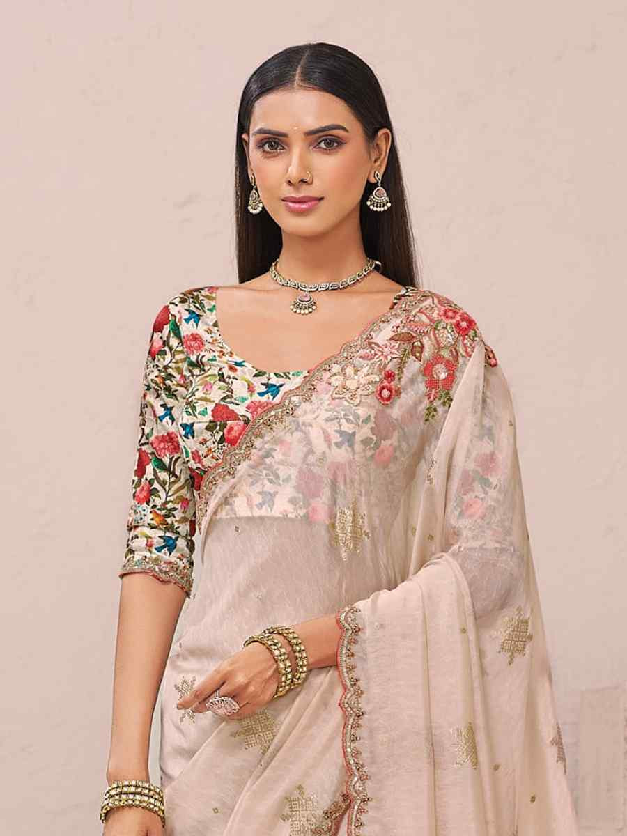 Cream Fancy Silk Plain Party Bridal Reception Festival Wedding Fancy Heavy Border Saree