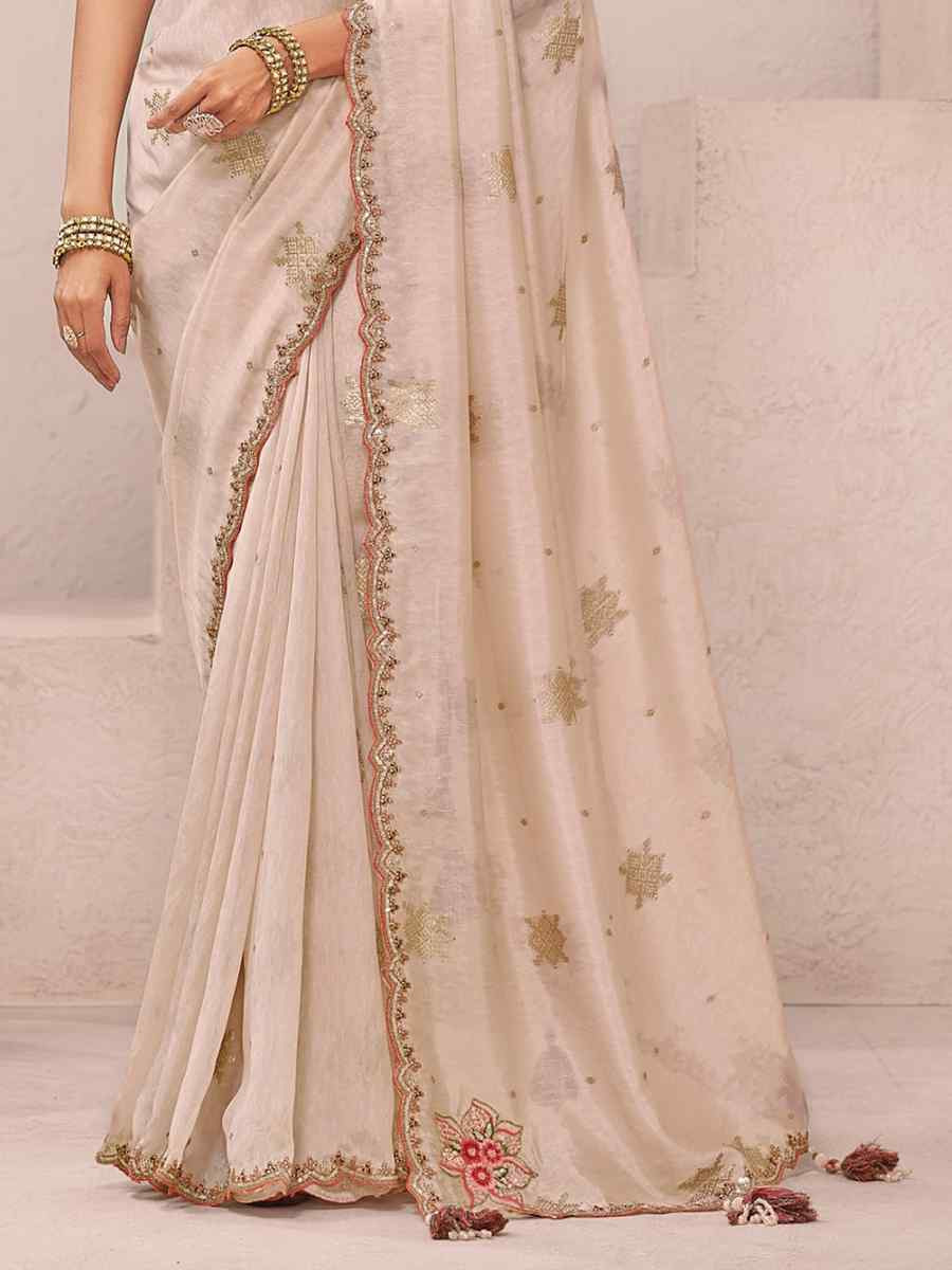 Cream Fancy Silk Plain Party Bridal Reception Festival Wedding Fancy Heavy Border Saree