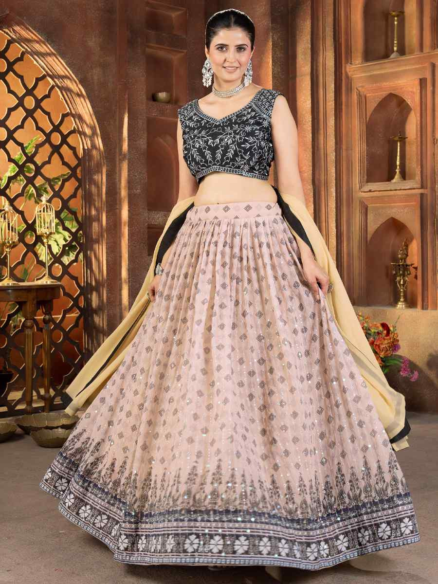 Cream Faux Georgette Embroidered Wedding Festival Heavy Border Lehenga Choli