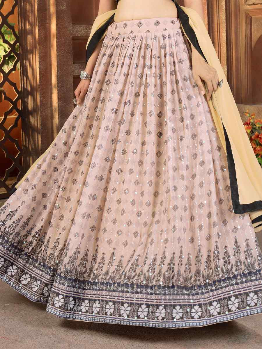 Cream Faux Georgette Embroidered Wedding Festival Heavy Border Lehenga Choli