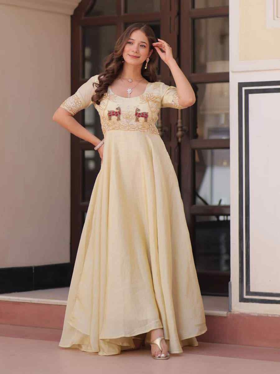 Cream Faux Silk Embroidered Festival Casual Gown