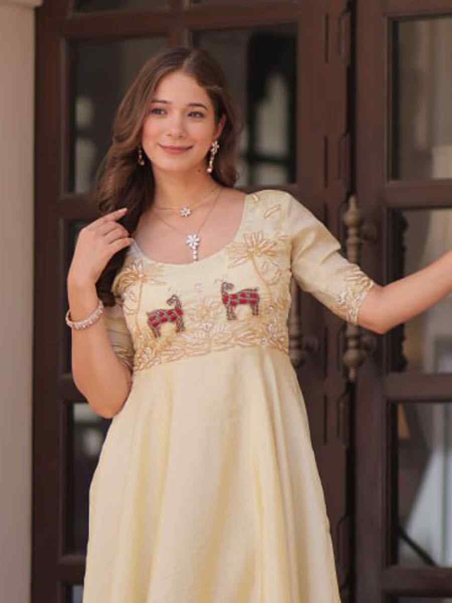 Cream Faux Silk Embroidered Festival Casual Gown