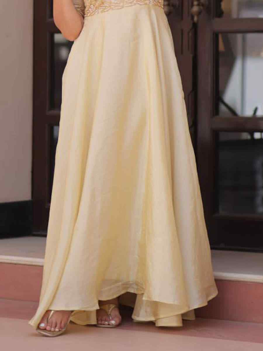 Cream Faux Silk Embroidered Festival Casual Gown