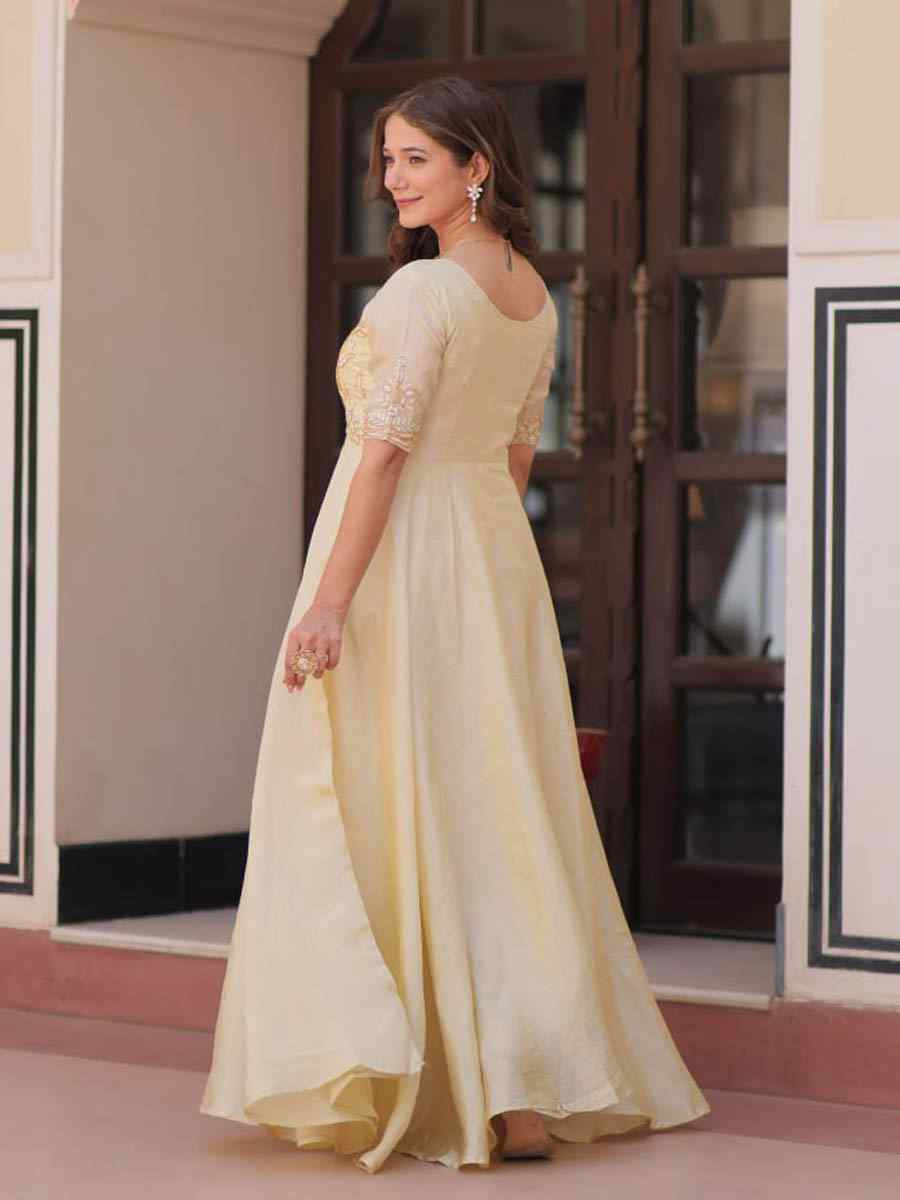 Cream Faux Silk Embroidered Festival Casual Gown