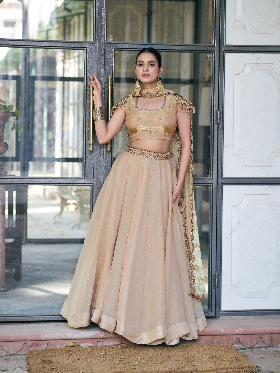 Cream Fendi Silk Thread Embroidery Sequins Wedding Reception Party Festival Circular Lehenga Choli