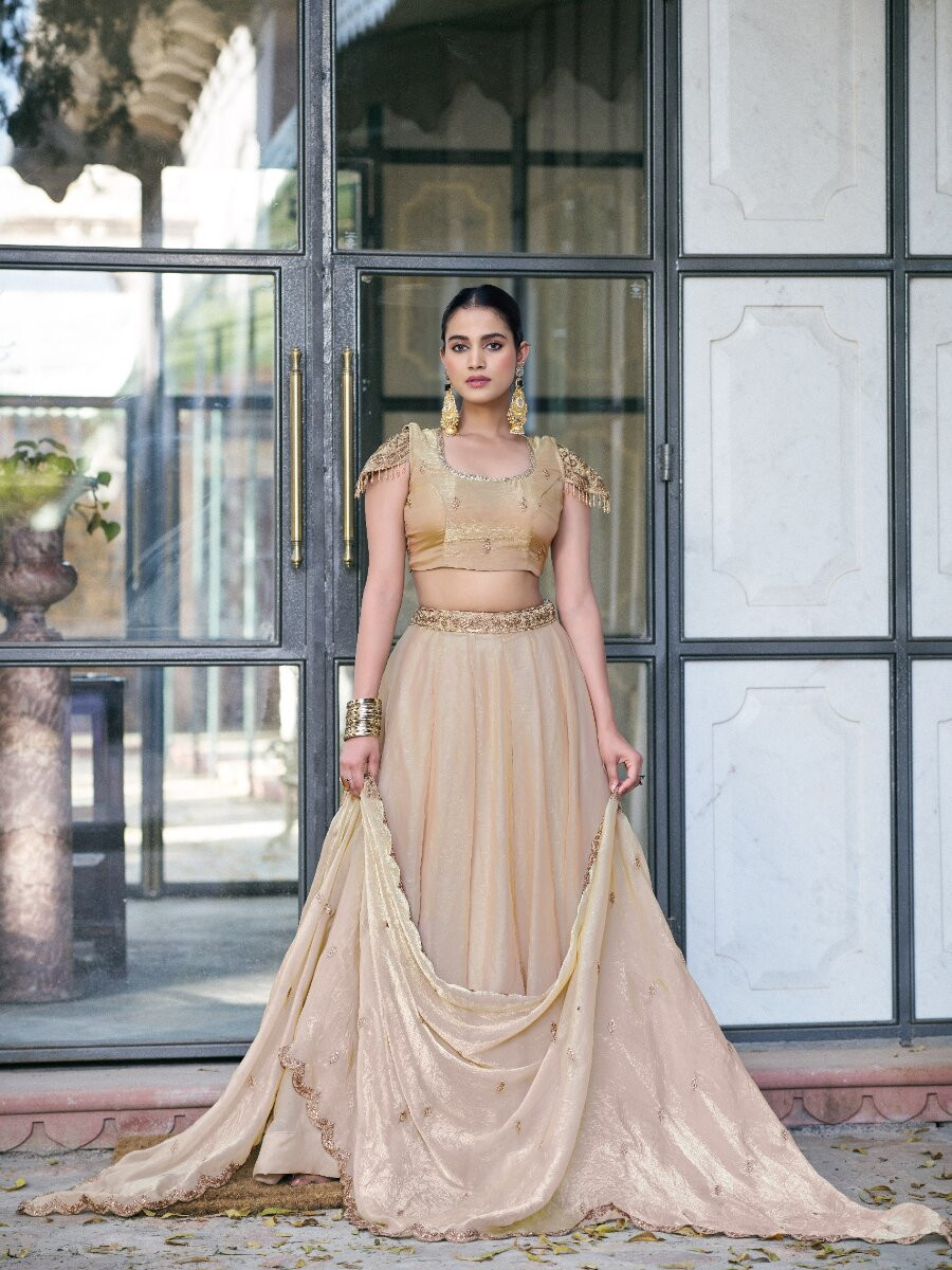 Cream Fendi Silk Thread Embroidery Sequins Wedding Reception Party Festival Circular Lehenga Choli