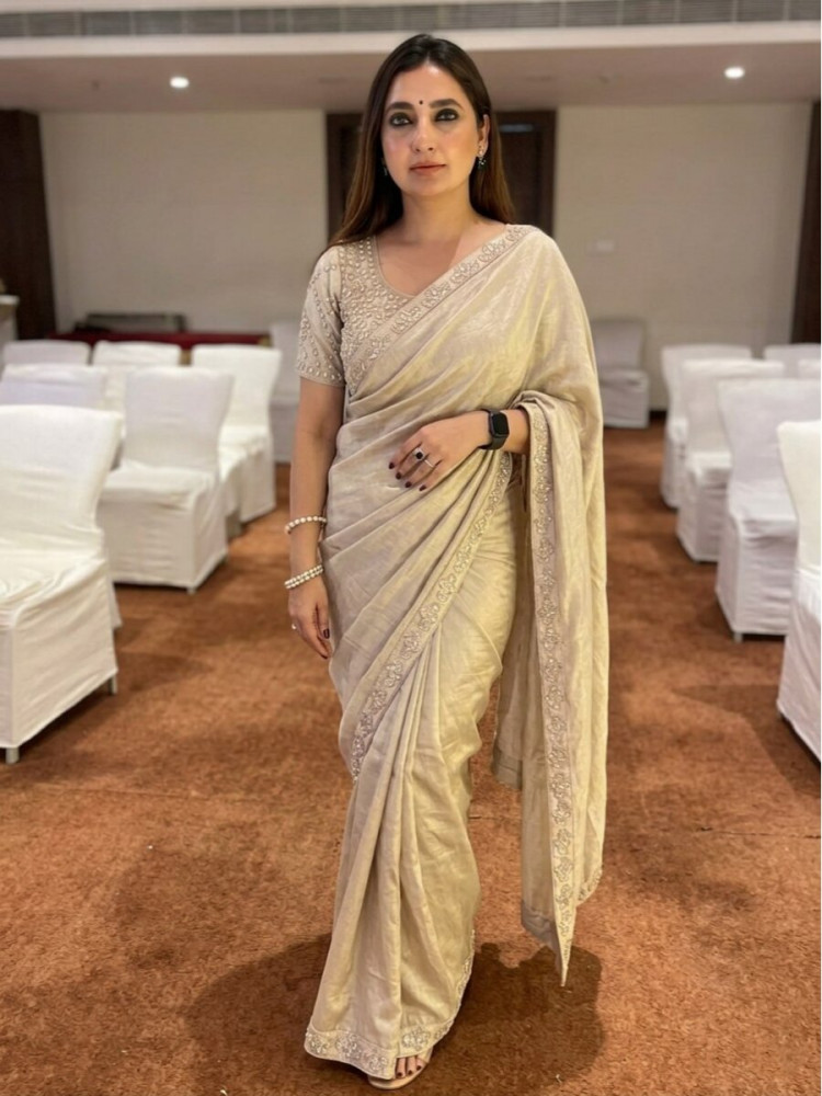 Image of Cream Fendy Satin Silk Embroidery Zari Sequins Wedding Reception Party Festival Casual Heavy Border Sarees