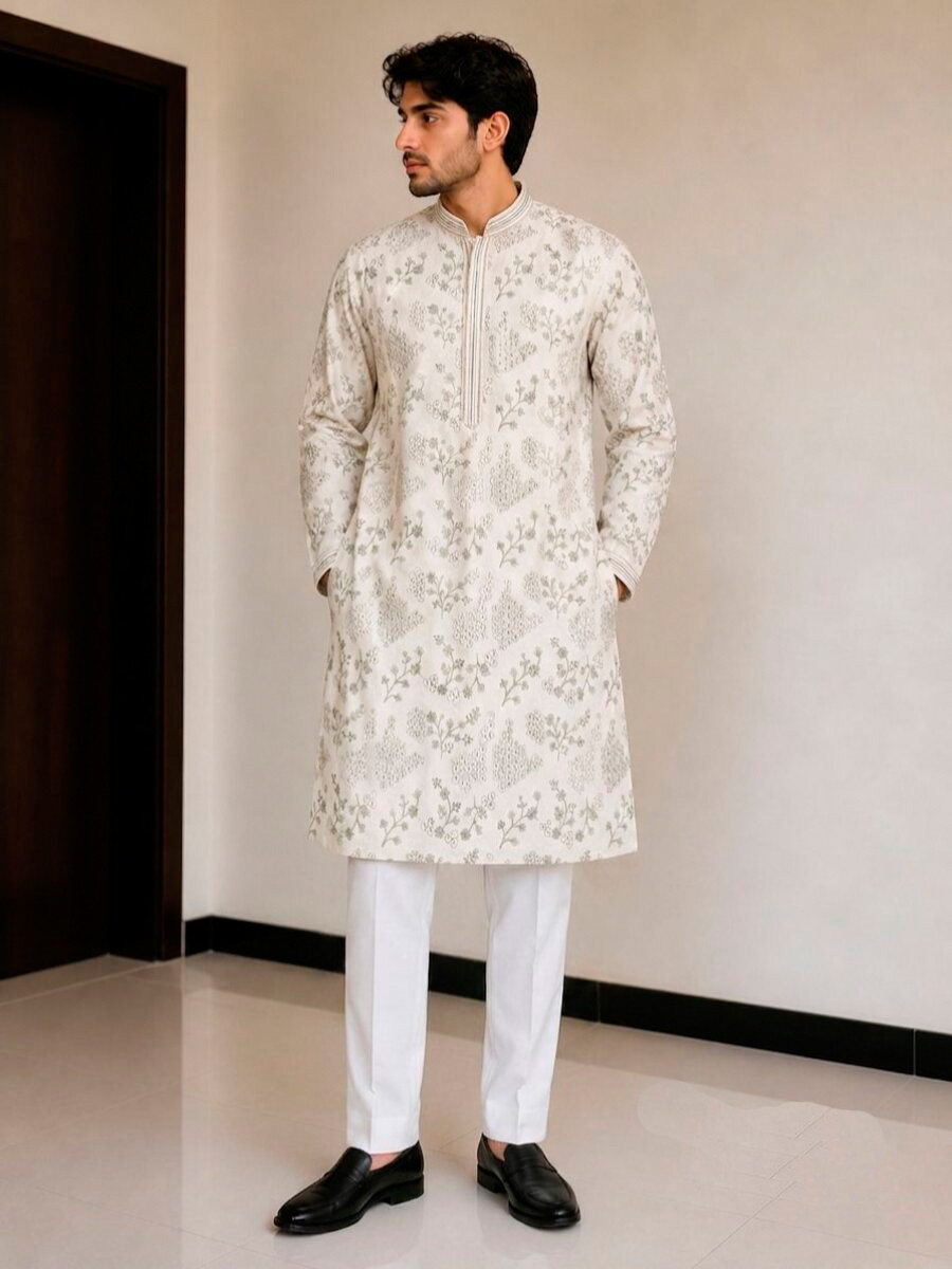 Cream Fendy Silk Embroidery Beads Work Wedding Party Festival Casual Mens Wear Kurta