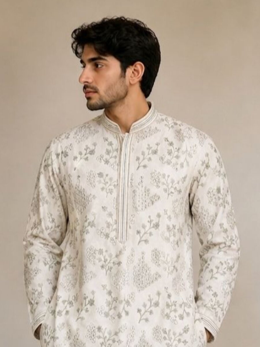 Cream Fendy Silk Embroidery Beads Work Wedding Party Festival Casual Mens Wear Kurta