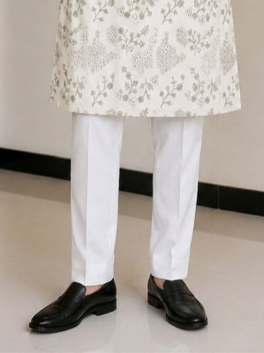 Cream Fendy Silk Embroidery Beads Work Wedding Party Festival Casual Mens Wear Kurta