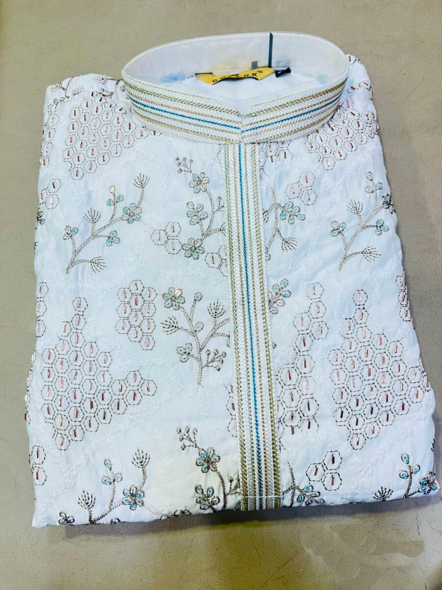 Cream Fendy Silk Embroidery Beads Work Wedding Party Festival Casual Mens Wear Kurta