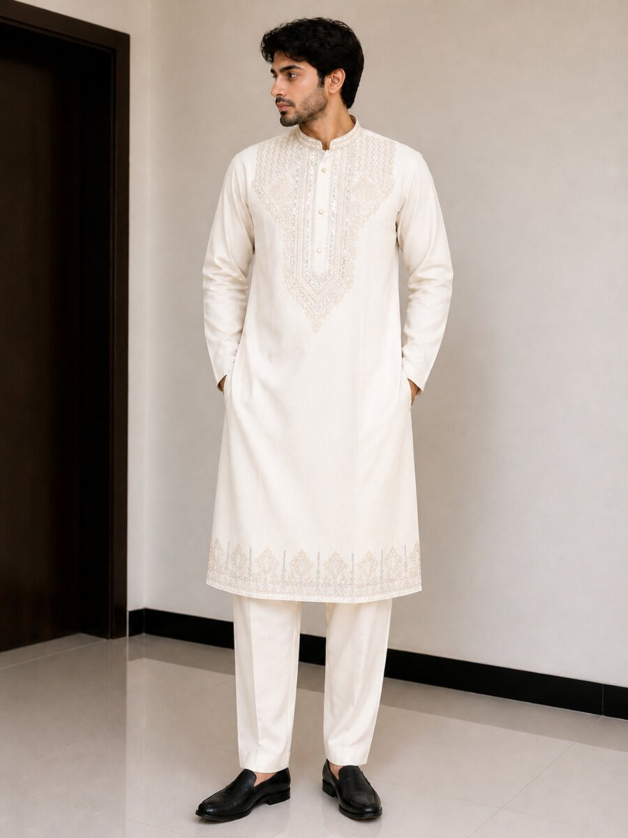 Cream Fendy Silk Embroidery Sequence Wedding Party Festival Casual Mens Wear Kurta
