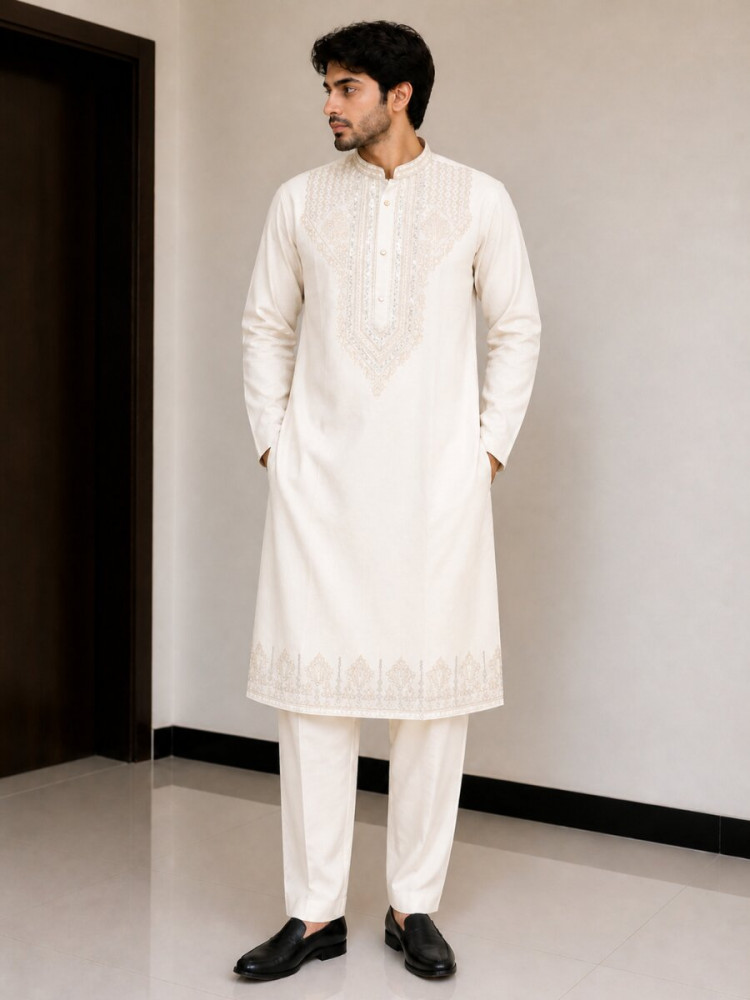 Image of Cream Fendy Silk Embroidery Sequence Wedding Party Festival Casual Mens Wear Kurta