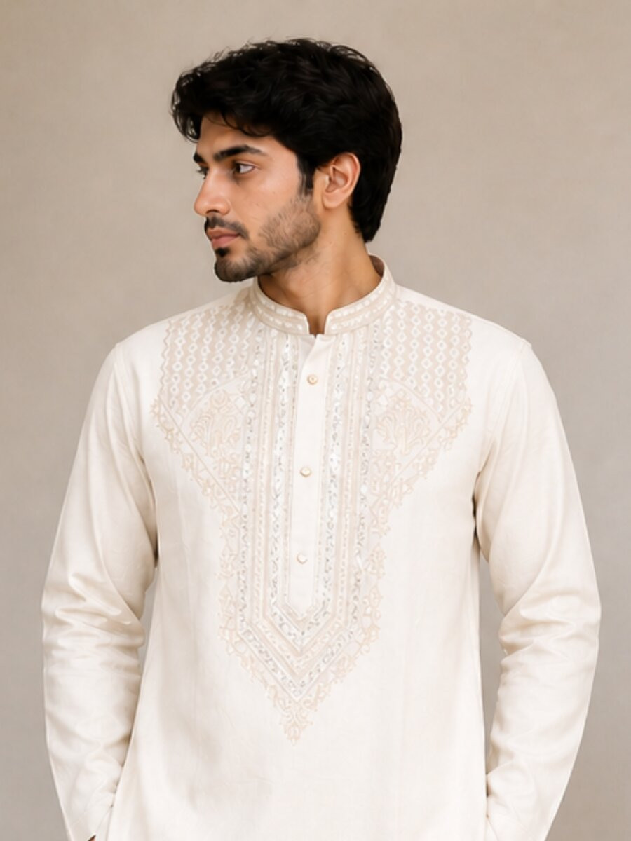 Cream Fendy Silk Embroidery Sequence Wedding Party Festival Casual Mens Wear Kurta