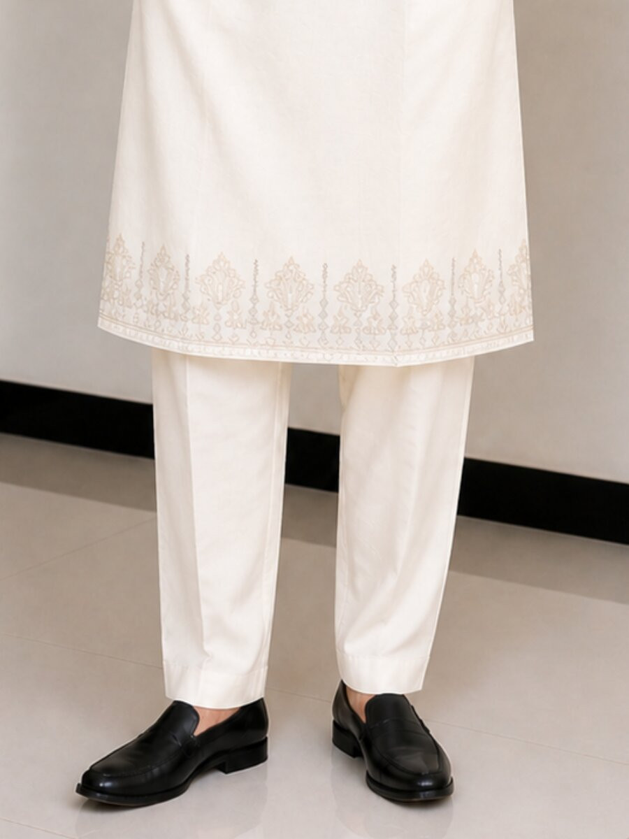 Cream Fendy Silk Embroidery Sequence Wedding Party Festival Casual Mens Wear Kurta
