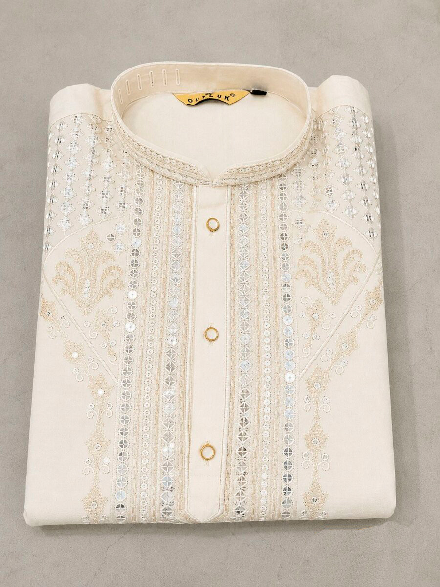 Cream Fendy Silk Embroidery Sequence Wedding Party Festival Casual Mens Wear Kurta