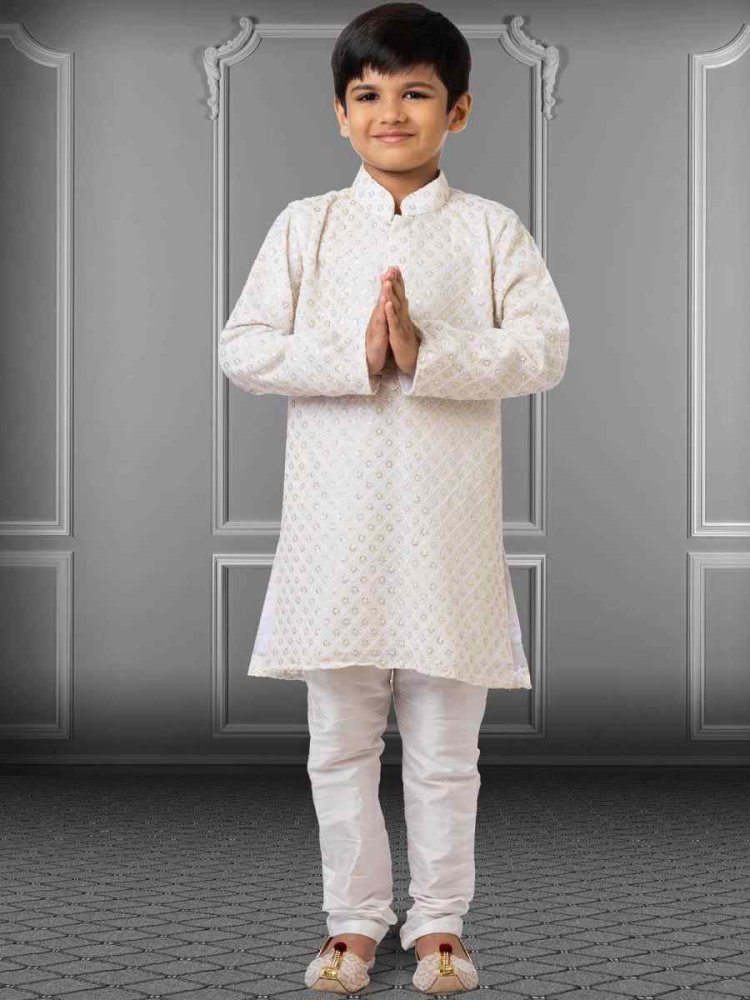 Cream Georgette Embroidered Festival Kurta Pyjama Boys Wear