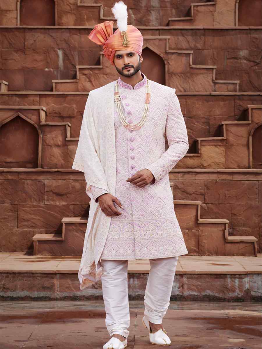 Cream Georgette Embroidered Groom Wedding Sherwani