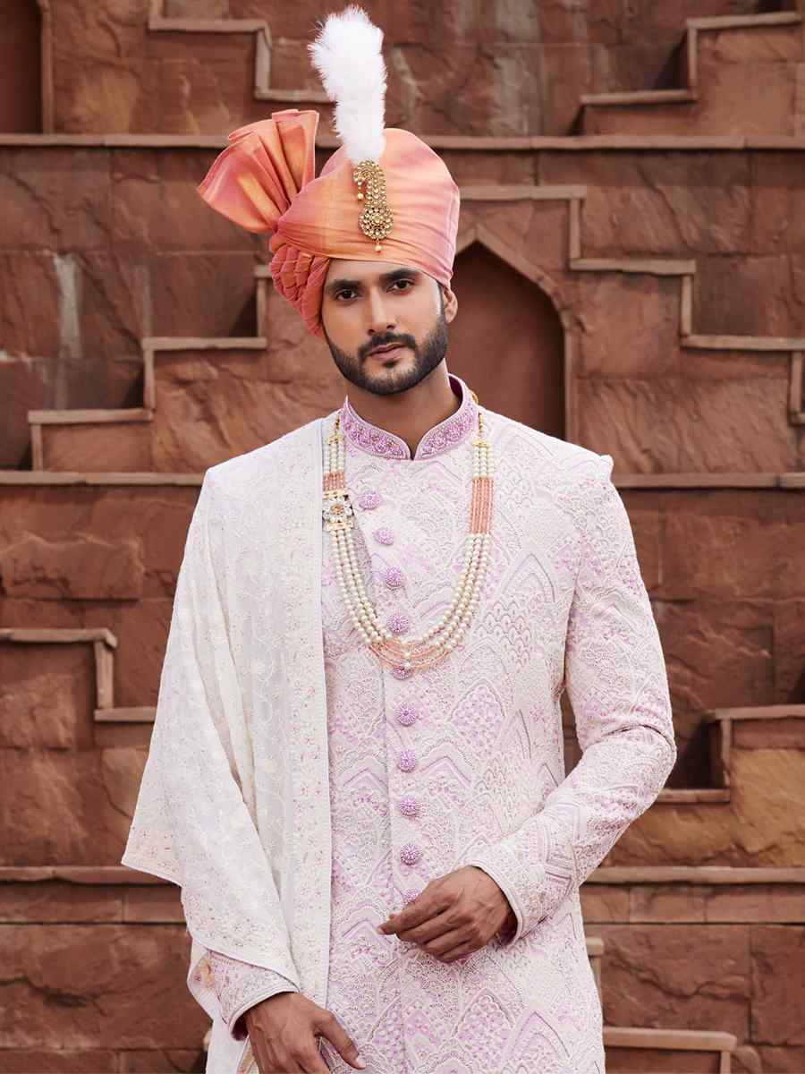 Cream Georgette Embroidered Groom Wedding Sherwani