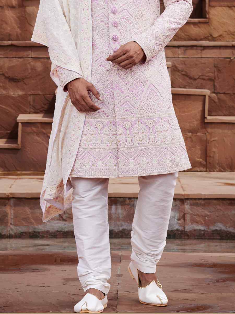 Cream Georgette Embroidered Groom Wedding Sherwani