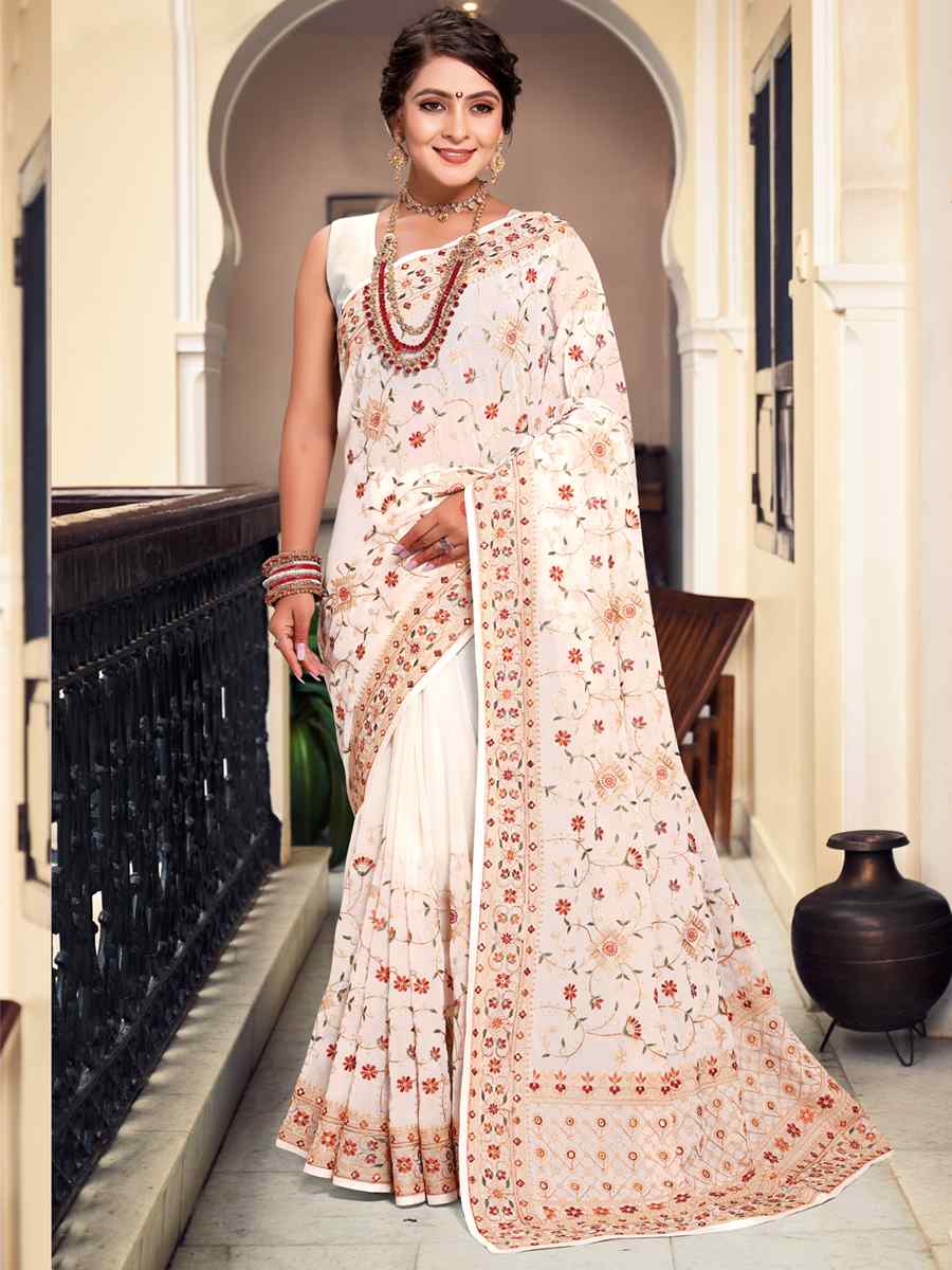 Cream Georgette Embroidered Reception Party Heavy Border Saree