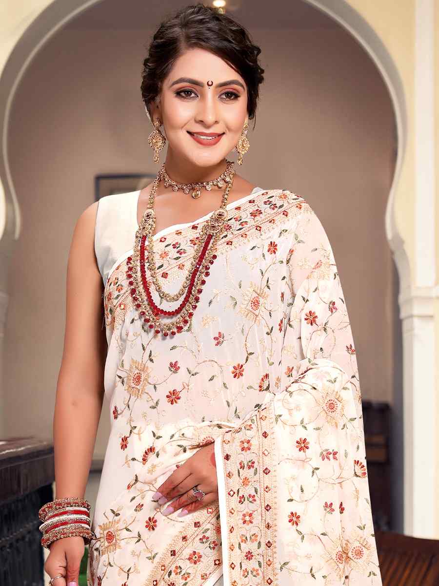 Cream Georgette Embroidered Reception Party Heavy Border Saree