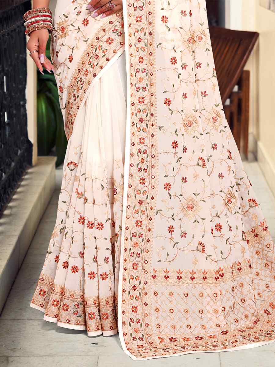 Cream Georgette Embroidered Reception Party Heavy Border Saree